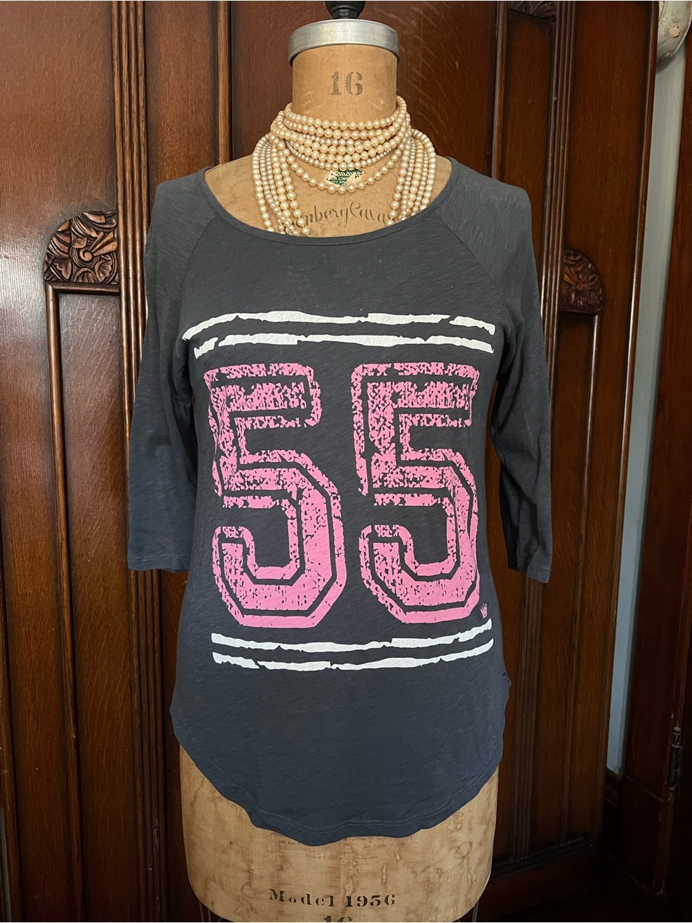 Crowned Free Ethically Made Charcoal Gray Long-Sleeve Tee with Pink '55' Graphic